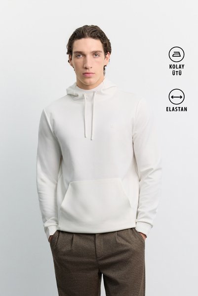 Avva Men's Ecru Hooded, Easy-to-Iron Interlock Regular-Fit Sweatshirt B001034