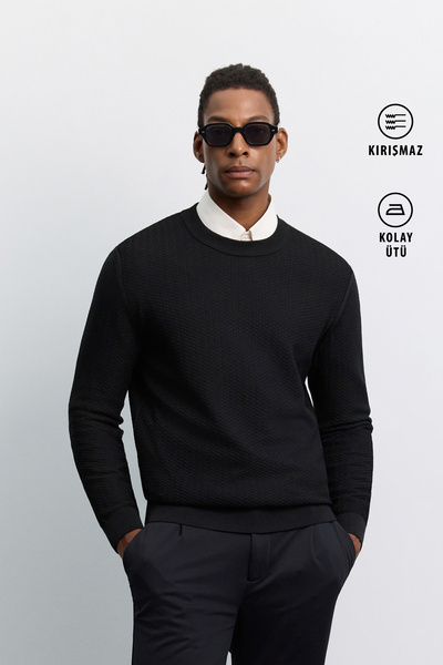 Avva Men's Black Crew Neck Full Jacquard Long Sleeve Sweater A62Y5002