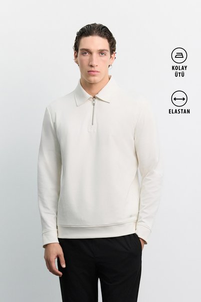 Avva Men's Ecru Polo Collar Zippered Easy-Ironing Regular Fit Sweatshirt A62Y...
