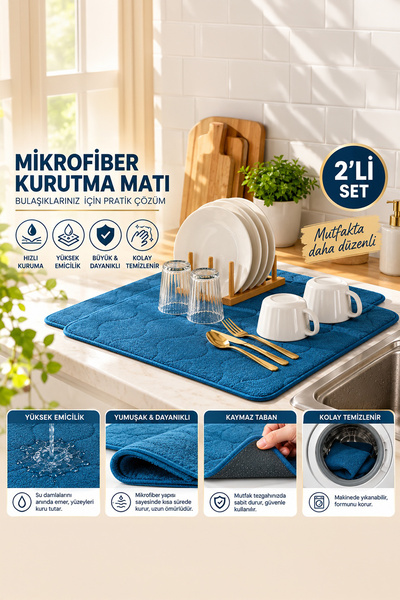 Porsima 3139-2 2li Mikrofiber Bulaşık Kurulama Matı Kurutma Örtüsü Tezgah Üst...