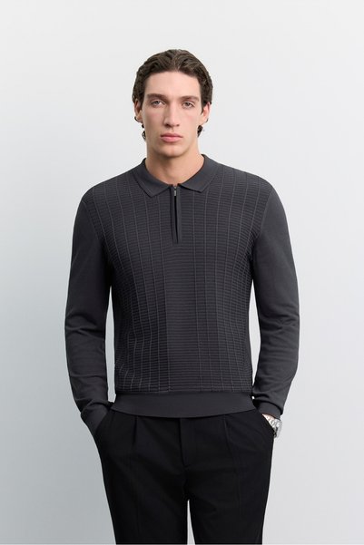 Avva Men's Anthracite Polo Collar Zippered Rayon Blended Regular Fit Knitwear...
