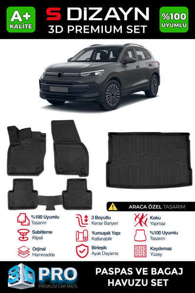 S Dizayn S-Dizayn VW Tiguan ile Uyumlu 3D Pro Havuzlu Paspas ve Bagaj Havuzu ...