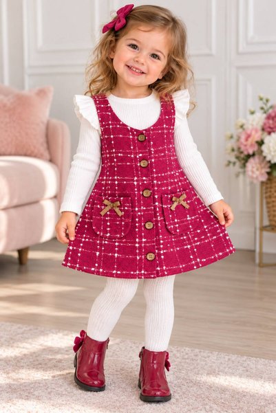 KOZADANKIDS Kız Çocuk Tüvit Jile Elbise Bluzlu İKİLİ TAKIM