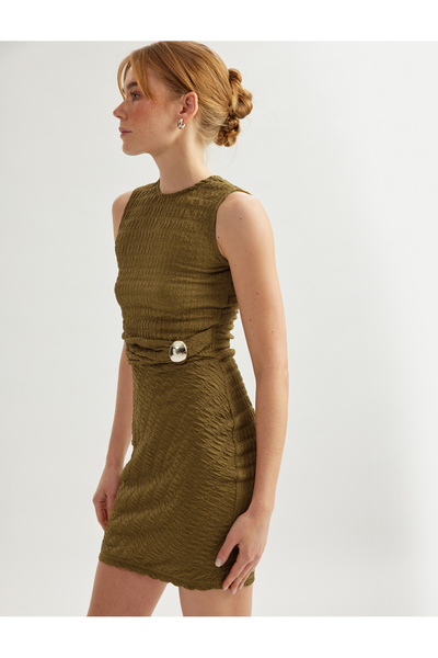 Koton Slim Fit Metal Accessory Detailed Textured Sleeveless Mini Dress