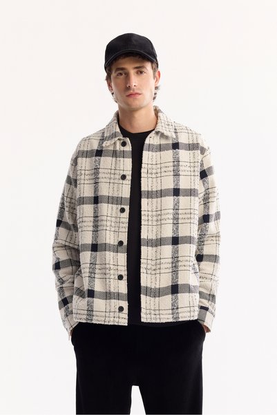 Avva Men's Ecru Classic Collar Soft Touch Plaid Comfort Fit Shirt Jacket A52Y...