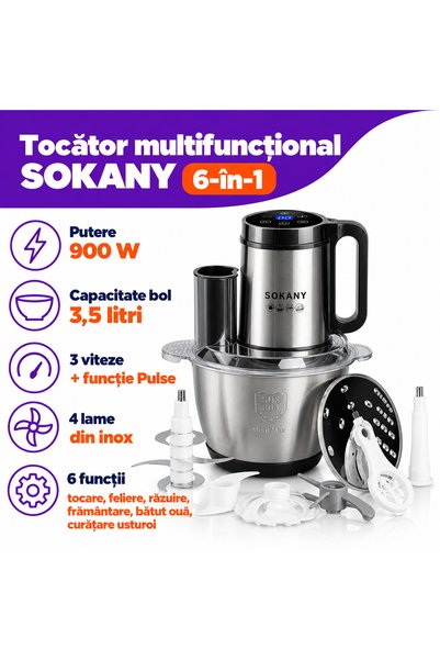 SOKANY Tocător multifuncțional 6-în-1, 3 viteze, 4 lame turnate, bol de 3,5 L...