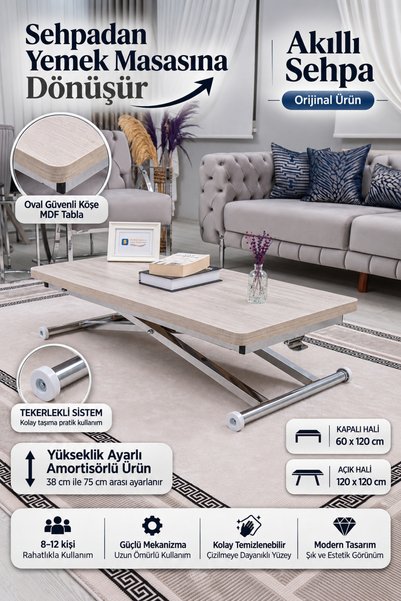 SEHPAM AKILLI Akıllı Sehpa Home Üst Tabla Mdf Lizbon Alt Mekanizma Krom Kaplama