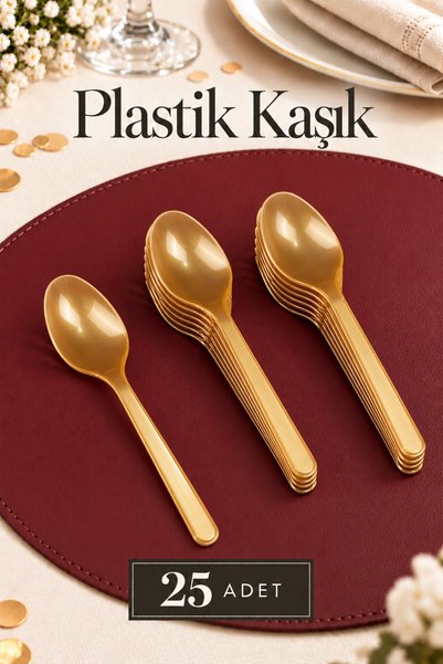 Ezupack 25'li LÜX SERT PLASTİK Altın Kaşık Parti Doğum Günü Sunum Davet Nişan...