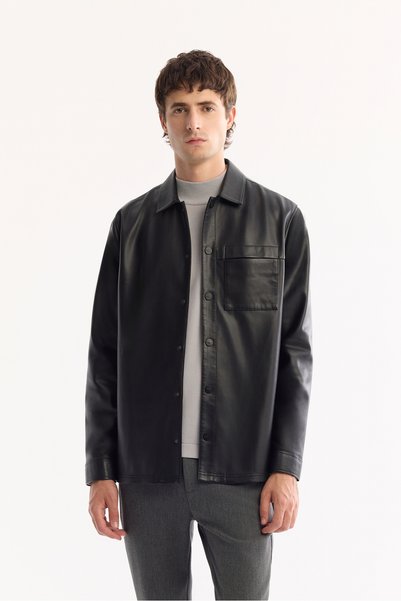 Avva Men's Black Classic Collar Faux Leather Comfort Fit Shirt Jacket A52Y6000