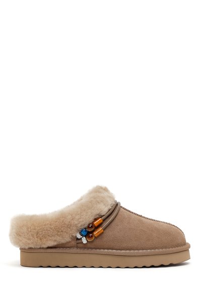 Derimod Women's Mink Stone Suede Leather Teddy Slippers Wf530036Ds