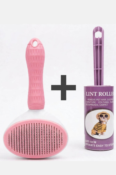 Clean Tuşlu Kendini Temizleyen Kedi Köpek Tüy Tarama Fırçası ve 60 Yaprak Yapışkanlı Tüy Toplama Rulo Seti Pembe