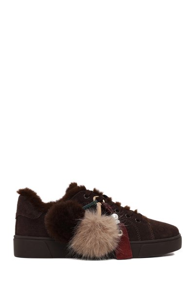 Derimod Women's Brown Lace-Up Charmlı Suede Leather Teddy Sneaker Af520008Ds
