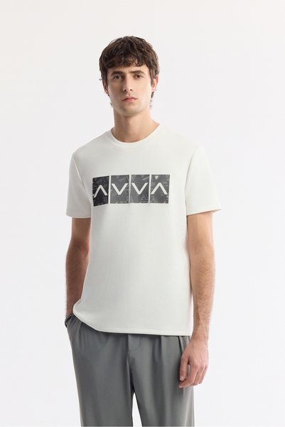 Avva Men's Ecru Crew Neck Printed Bi-Stretch Interlock Regular Fit T-Shirt A5...