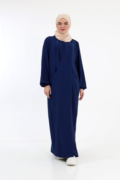 Berel Moda Hijab Dress Navy Blue Bihter Cross Double Breasted V-Neck Double P...