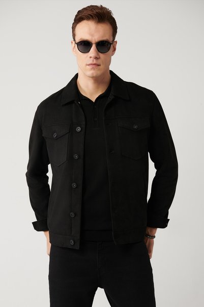 Avva Men's Black Classic Collar Suede Textured Seasonal Comfort Fit Coat A41Y...