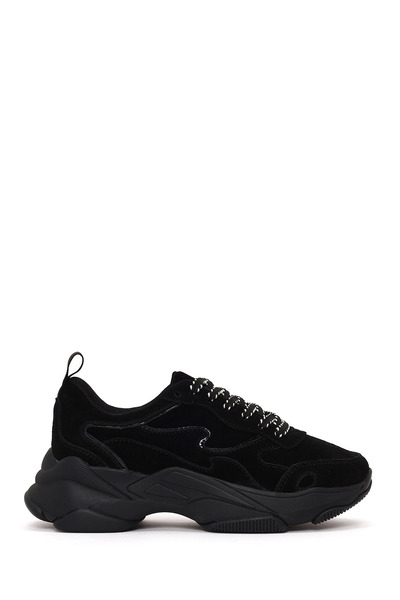 Derimod Women's Black Lace-Up Thick-Soled Suede Leather Sneaker Af520012Ds