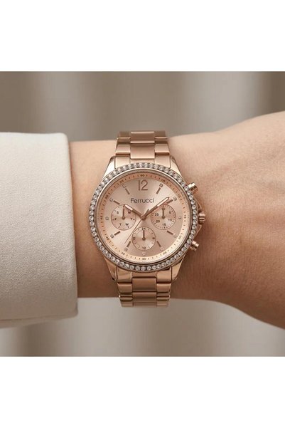 Ferrucci Rose Gold Steel Case with Gemstones, Women's Wristwatch with a 2-Yea...