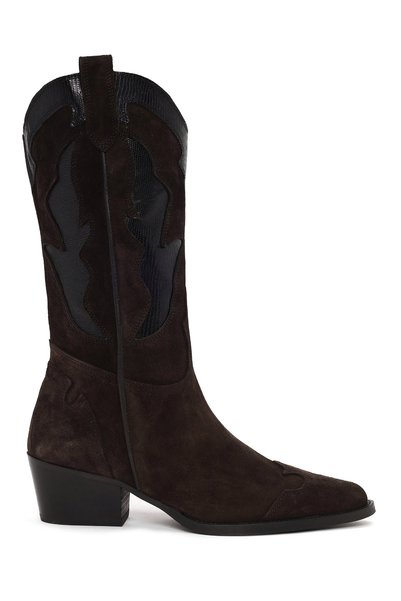 Derimod Women's Anthracite Thick Heeled Suede Leather Cowboy Boots Af170024Ks