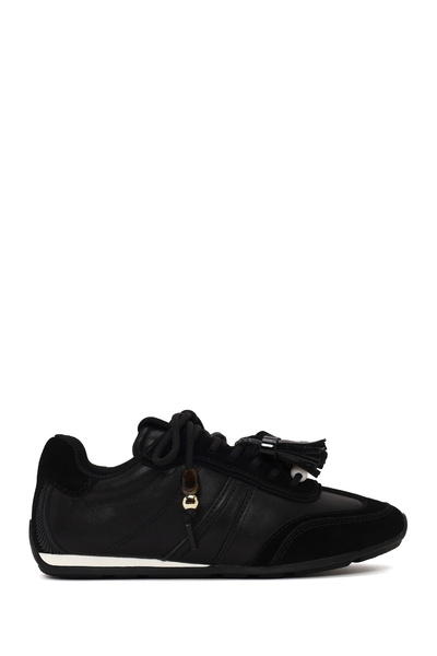 Derimod Women's Black Lace-Up Charmlı Leopard Leather Sneaker Af520011Dk
