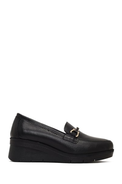 Derimod Women's Black Buckle Wedge Heeled Leather Comfort Loafer 25Afd154318