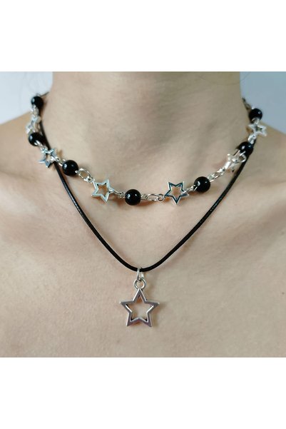 Choice 1 Fashion Double Layered Black Bead Star Choker Necklace Punk Pentagra...