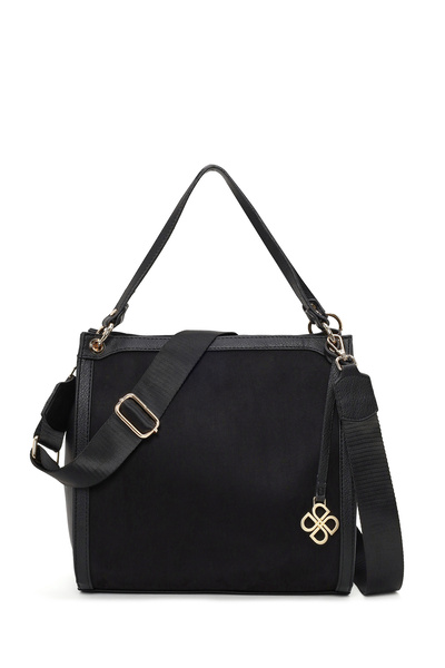 Derimod Women's Black Long Strap Suede Shoulder Bag Wb500014Ss
