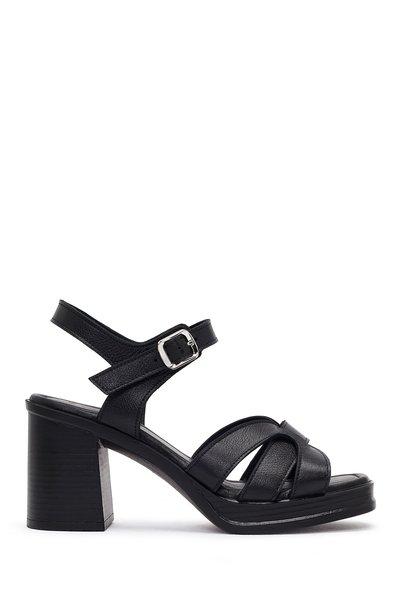 Derimod Women's Black Ankle Buckle Thick Heeled Leather Sandals 26Sfd132418