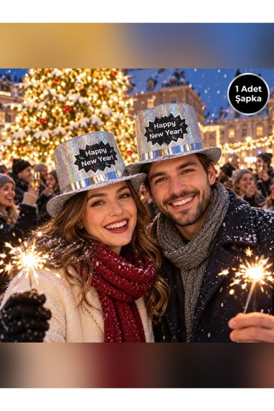 Parti Dükkanım New Year Happy New Year - Silver Trilby Cap with Hologram 1 Piece