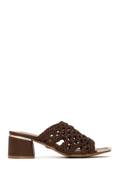 Derimod Women's Brown Braided Short Thick Heeled Slippers 26Sfe460818