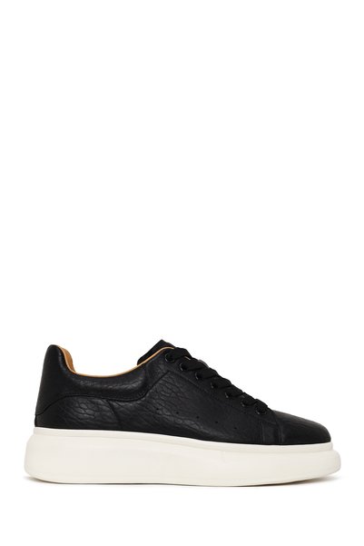 Derimod Men's Black Lace-Up Thick Soled Patterned Leather Sneaker 26Sfd6987Ft