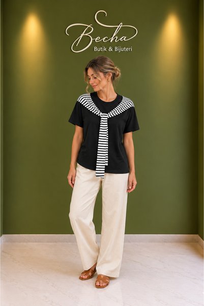 Becha Butik Combed Cotton T-Shirt with Belt on the Front