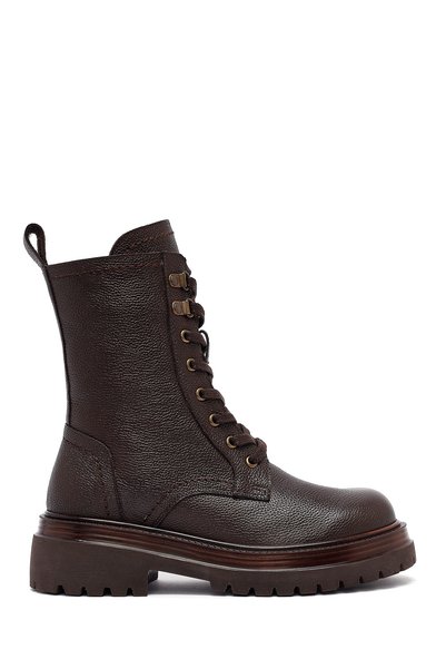 Derimod Women's Brown Zippered Lace-Up Leather Boots 25Wfd2021Ft
