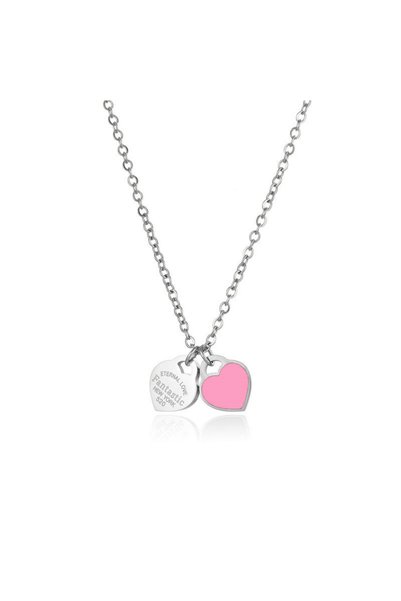 Choice Steel pink Double Peach Heart Stainless Steel Necklace Love Enamel Hea...