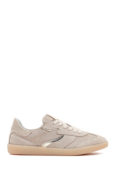 Derimod Women's Beige Lace-Up Sports Shoes, Suede Leather Sneaker 26Pfd371210