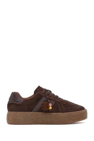Derimod Women's Brown Lace-Up Thick-Soled Suede Leather Sneaker Af230009Ds