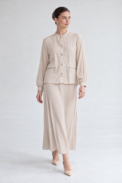 Levidor Two-Button Skirted Suit with Stone Embellishments