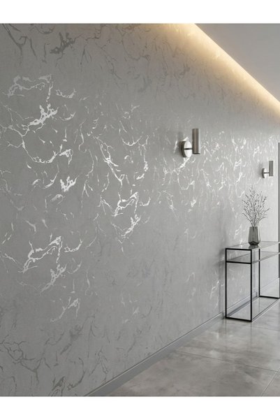 KMS HOME Beyaz Üzerine Parlak Gümüş Desenli Silinebilir Sade Duvar Kağıdı 16 M²