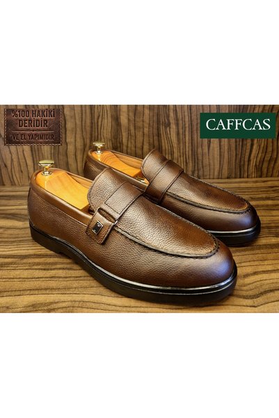 Caffcas Genuine Leather Brown Laceless Buckled Handmade Classic Men's Shoes K...