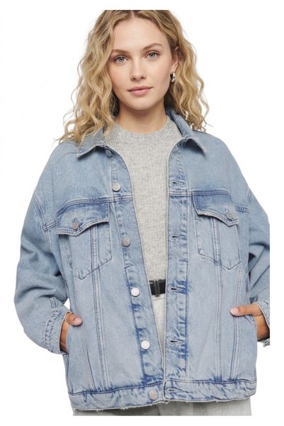 Barato Jachetă de blugi oversize pentru femei, albastru deschis – Jachetă lej...