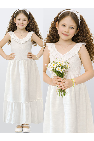 Denokids Rochie lungă albă pentru fete, cu volane, de vară, 4-10 ani