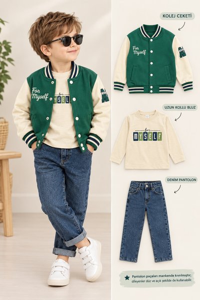 nazarbebe Boy's Green College Jacket 3-Piece Set – Casual Stylish Comfortable...