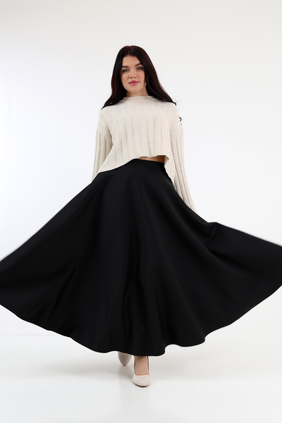 Berel Moda Hijab Skirt Black Scuba Fully Flared Elastic Waist Long