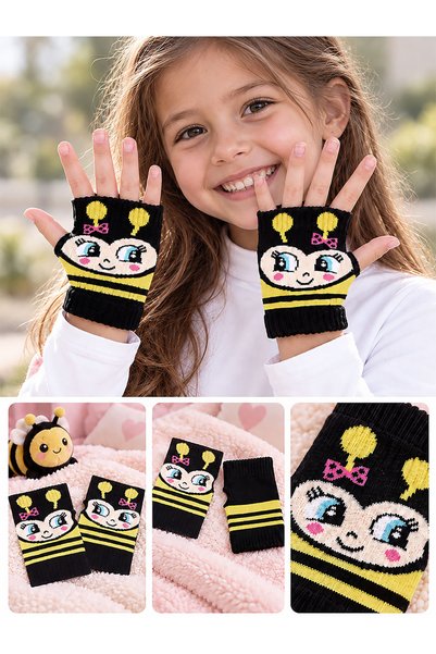 Denokids Κοριτσίστικα βαμβακερά γάντια χωρίς δάχτυλα με σχέδιο μέλισσας, κίτρ...