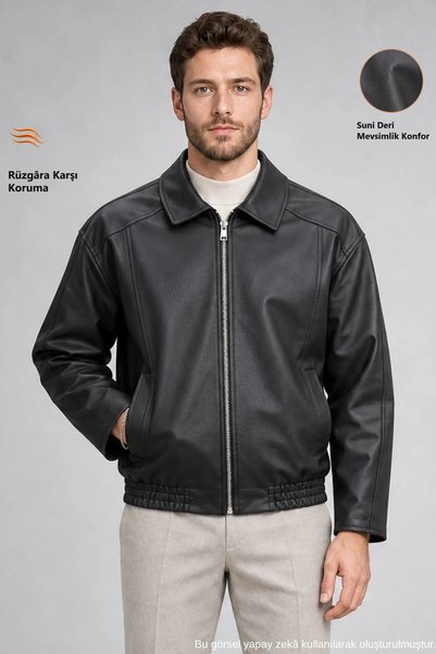 Freemen Men's Black Oversize Zippered Faux Leather Coat with Elastic Waist De...