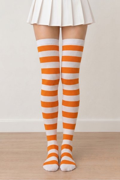 Design Socks جوارب نسائية قطنية مخططة باللونين الأبيض والبرتقالي، تصل إلى منت...