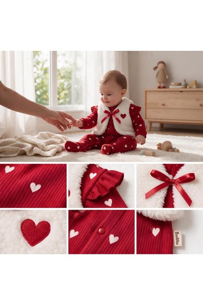 ALTINTAŞ BABY KIRMIZI VE BEYAZ KALPLER FİYONK DETAYLI PELUŞ YELEK KIZ BEBEK T...