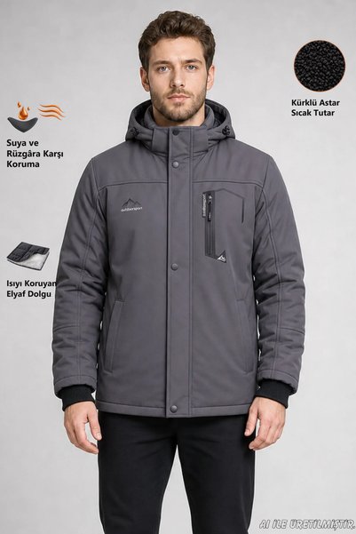 Freemen Men's Gray Hooded Fur-Lined Water and Wind-Resistant Outdoor Softshel...