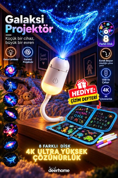 MCA Deerhome 4K Çözünürlükte 8 Farklı Efektli USB Galaksi Yıldız Projektörü E...