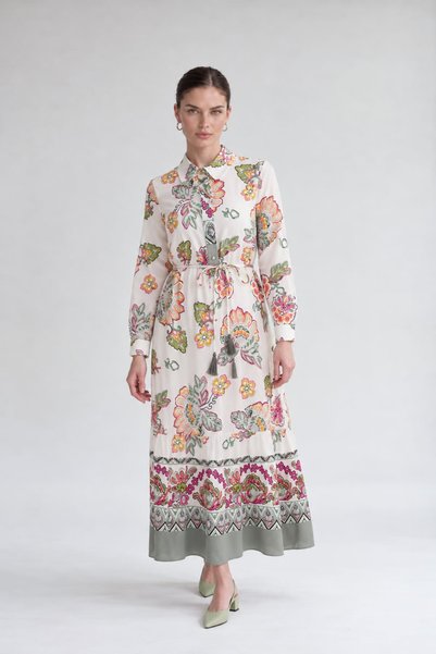 Levidor Shirt Collar Patterned Dress, Ecru
