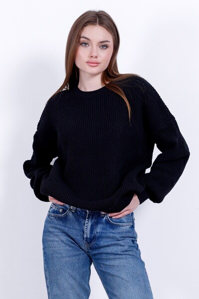 Kırlangıç Moda سترة تريكو نسائية سوداء قصة فضفاضة برقبة دائرية